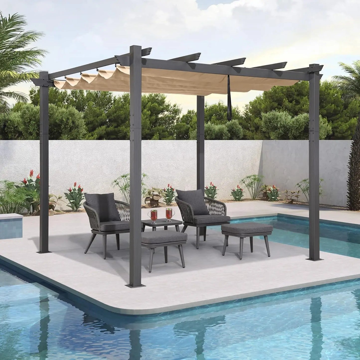 Outdoor Retractable Pergola With Sun Shade Canopy For Garden Patio