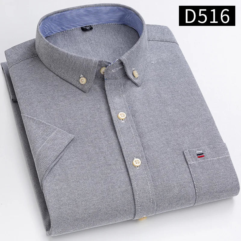 Men's Oxford Short Sleeve Summer Casual Shirts Single Pocket Comfortable Standard-fit Button-down Plaid Striped Cotton Shirt
