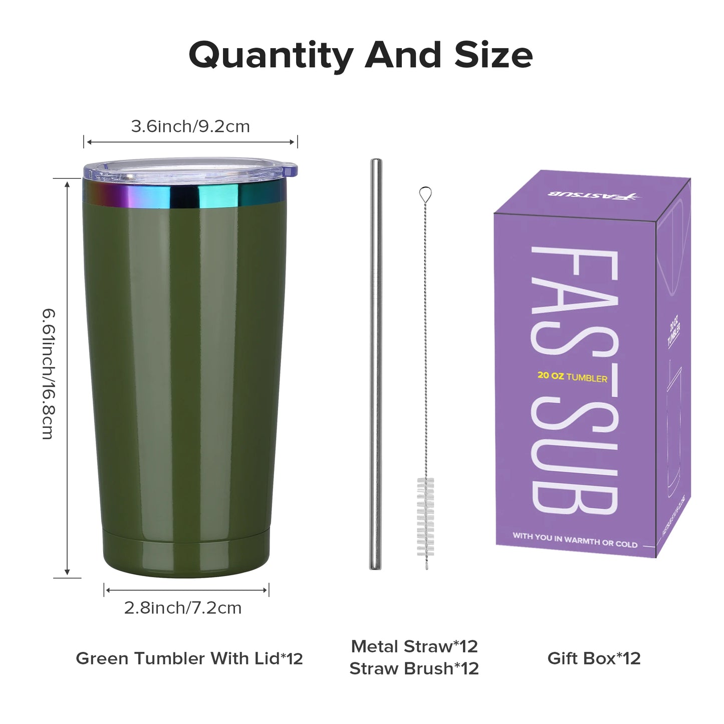 FastsubDrinkware 12 Pack Stainless Steel Tumblers Insulated With Lid