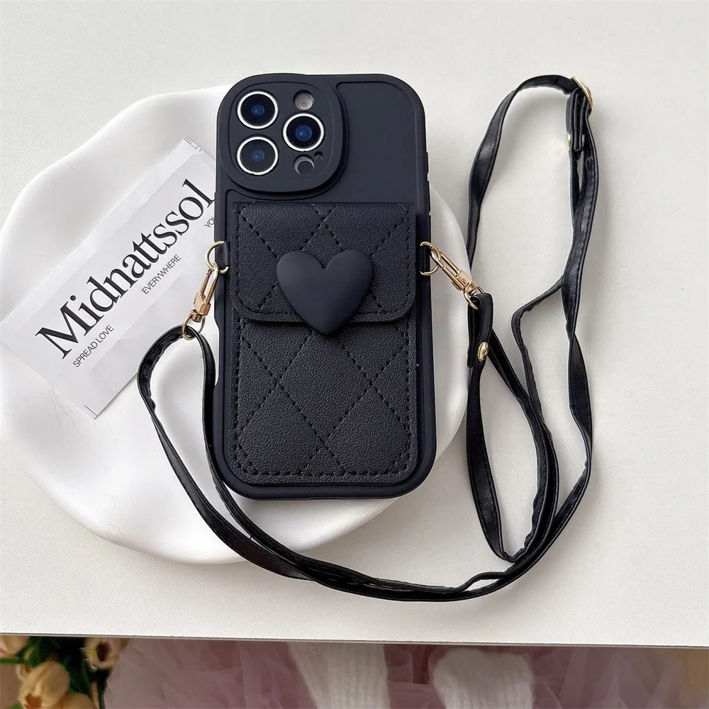 Cute Heart Lanyard Crossbody Card Holder For iPhone Case