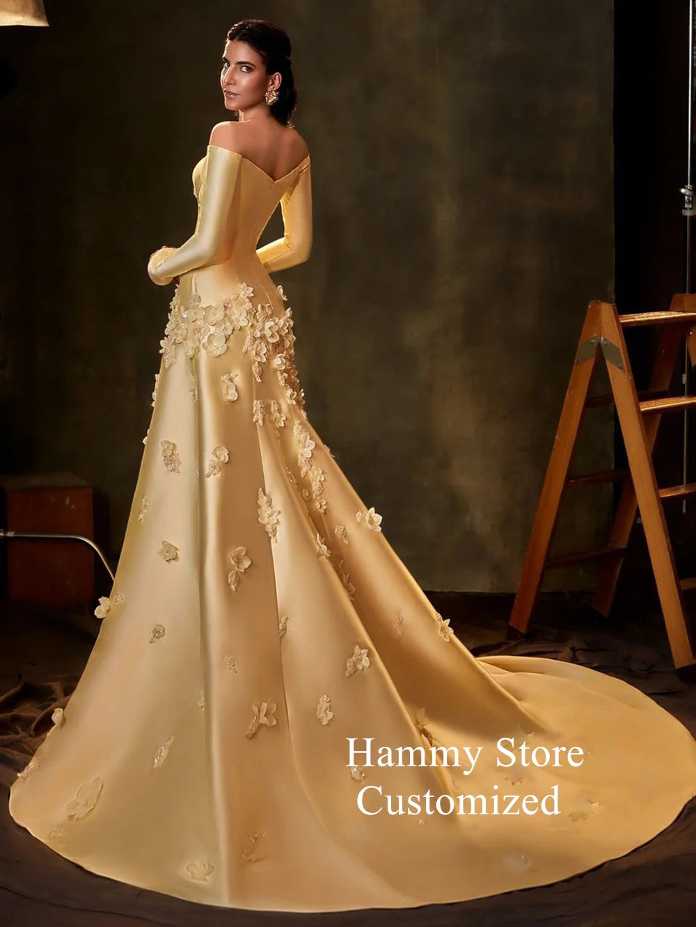 Arabic Yellow Mermaid Evening Gown Long Sleeves Floral Prom Dress