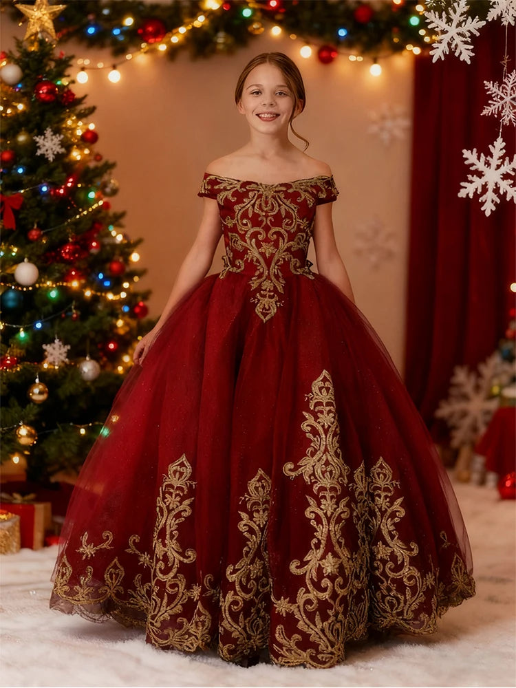 Autumn Winter Flower Girl Princess Fluffy Ball Gown Christmas Dress