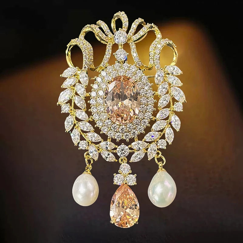 OKILY Palace Elegance Zircon Dancing  Girl Brooch Pins Temperament Enamel Bowknot Fan gingko Feather Corsage for Woman Ornament