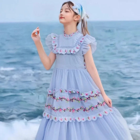 2026 Elegant Kids Blue Floral Embroidery Tulle Princess Gown