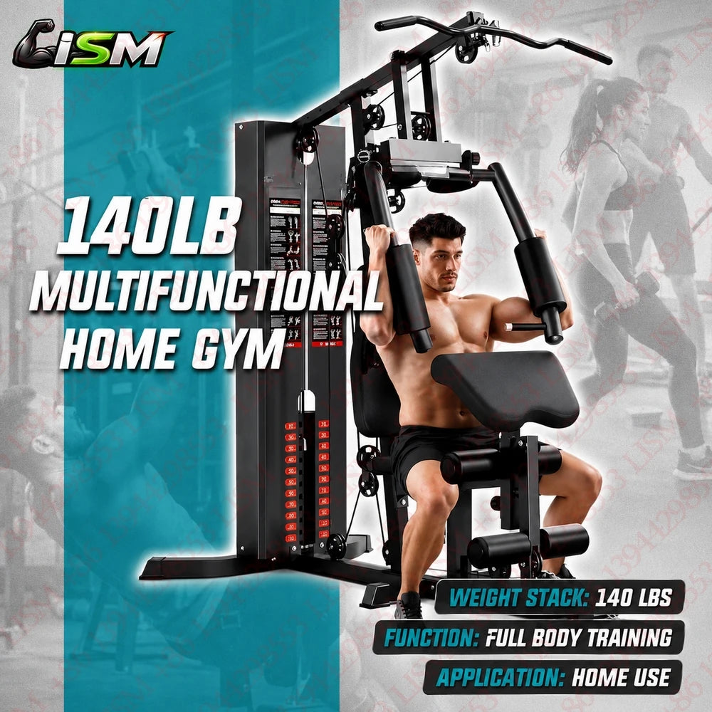 Multifunctional Home Gym 140LB Weight Stack Pulley System Full Body Strength Training Cable Workout Fitness Equipment Set