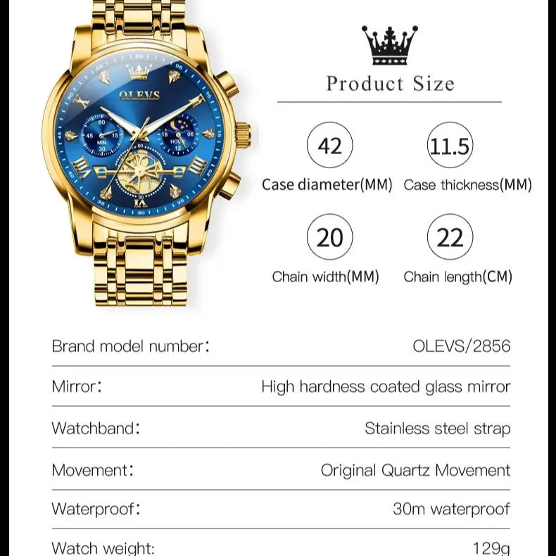OLEVS Moon Phase Mens Watch Classic Flywheel Waterproof Stainless Steel
