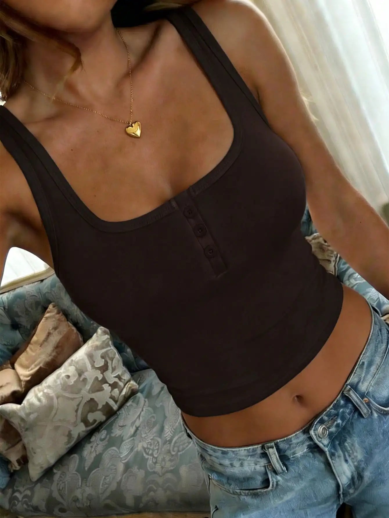 Women's Square Neck Button Front Crop Tank Top Casual Summer