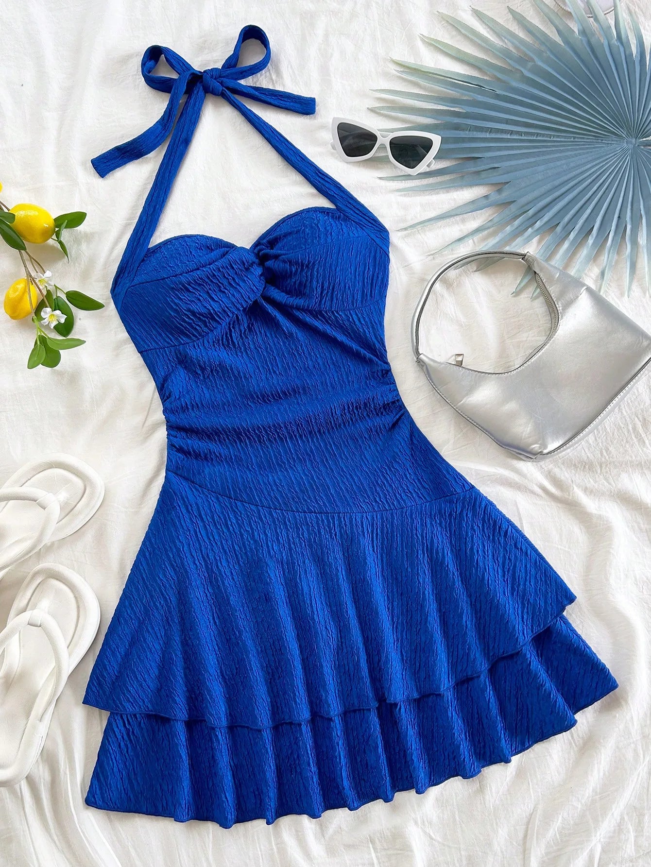 Halter Mini Dress Blue White Floral Print Palm Tree Bohemian Beach Summer Dress