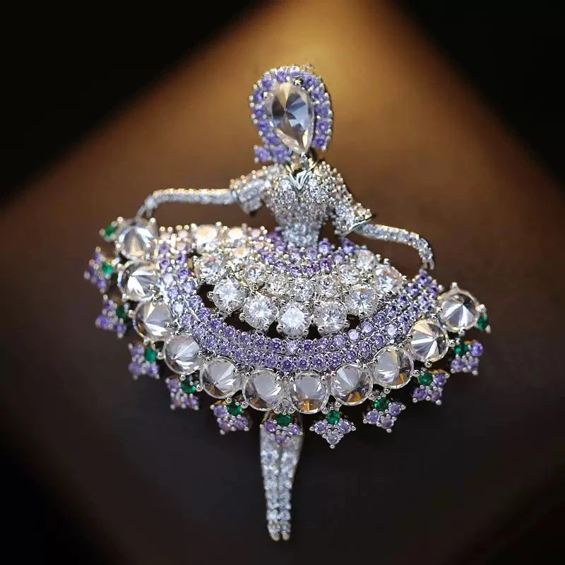 OKILY Palace Elegance Zircon Dancing  Girl Brooch Pins Temperament Enamel Bowknot Fan gingko Feather Corsage for Woman Ornament