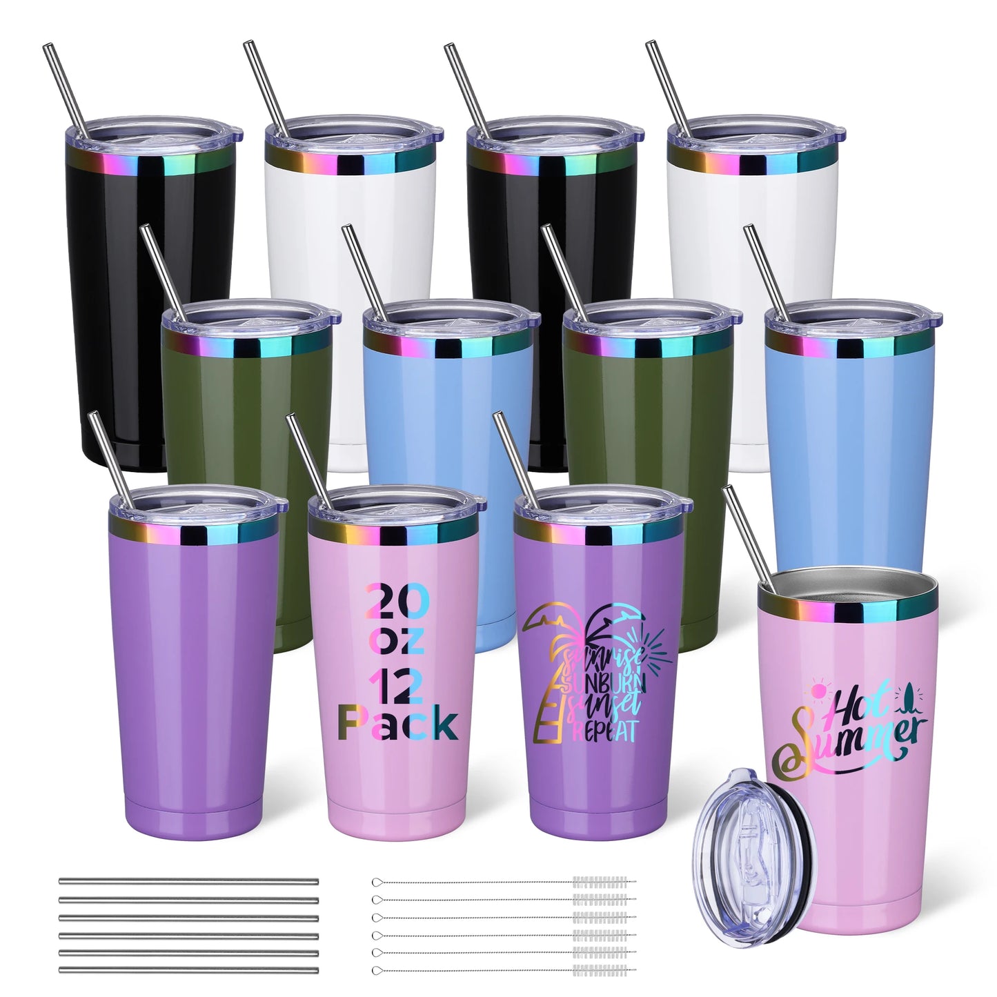 FastsubDrinkware 12 Pack Stainless Steel Tumblers Insulated With Lid