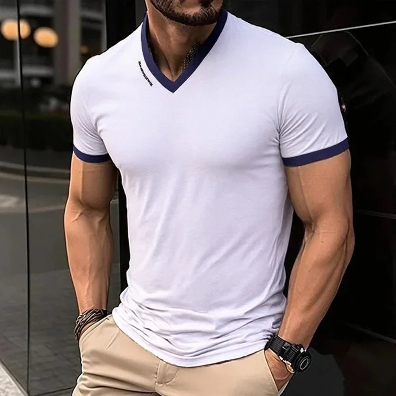 Men's V-Neck Short Sleeve T Shirt Letter Print Casual Top