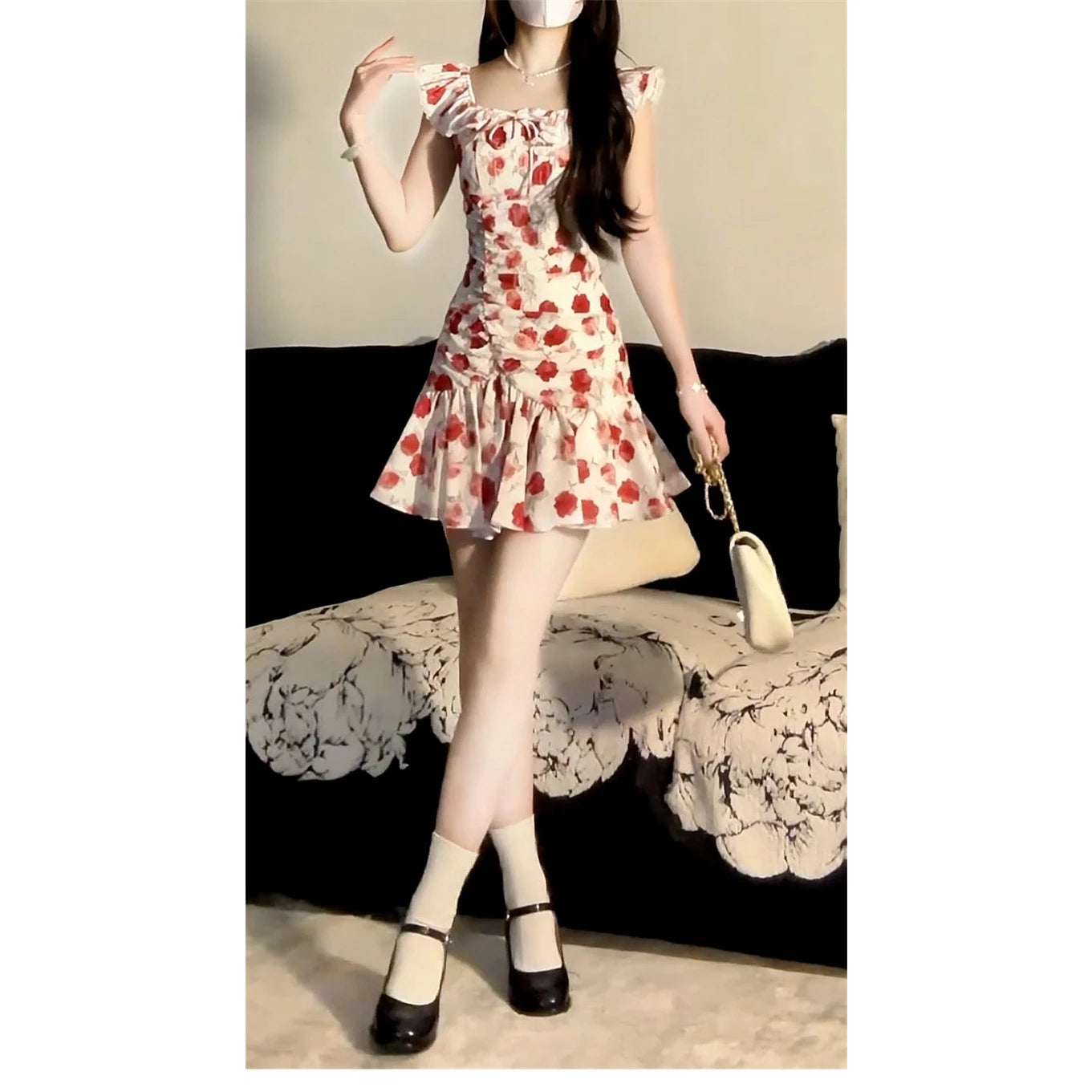 2026 Red Floral One-Shoulder Waist-Cinched Mini Dress Women