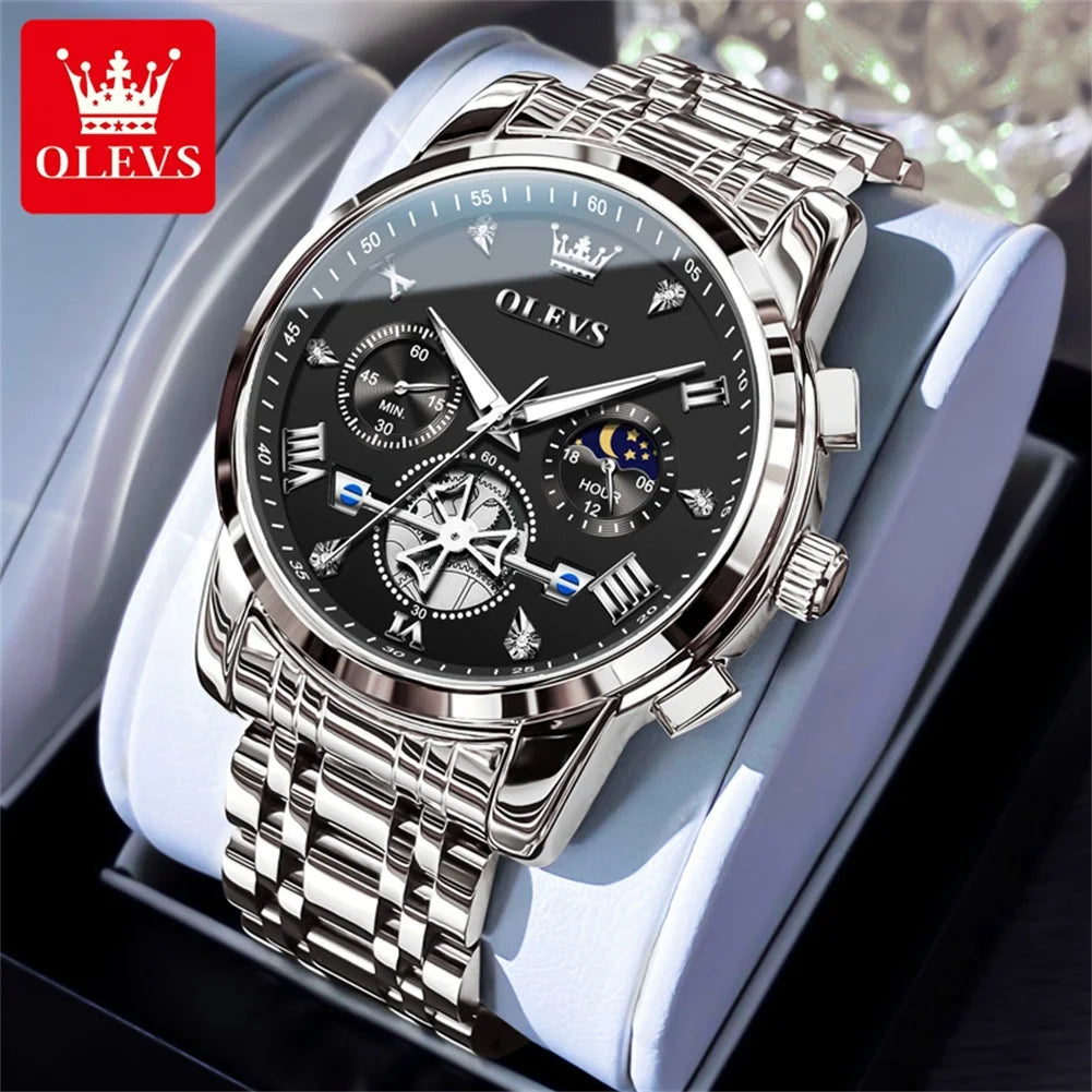 OLEVS Moon Phase Mens Watch Classic Flywheel Waterproof Stainless Steel