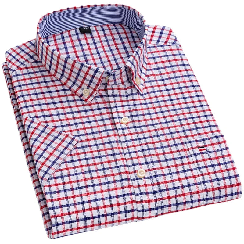 Men's Oxford Short Sleeve Summer Casual Shirts Single Pocket Comfortable Standard-fit Button-down Plaid Striped Cotton Shirt