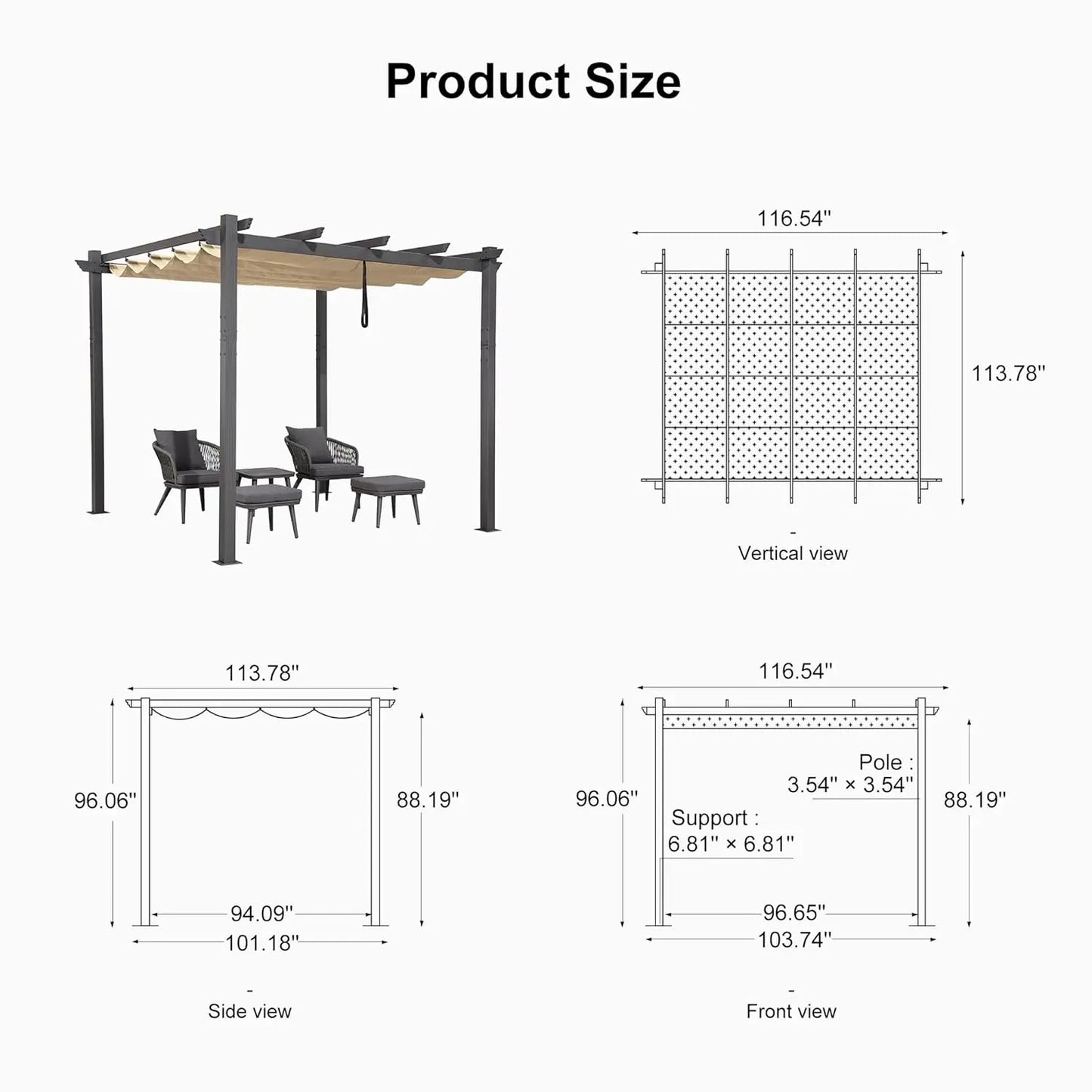 Outdoor Retractable Pergola With Sun Shade Canopy For Garden Patio