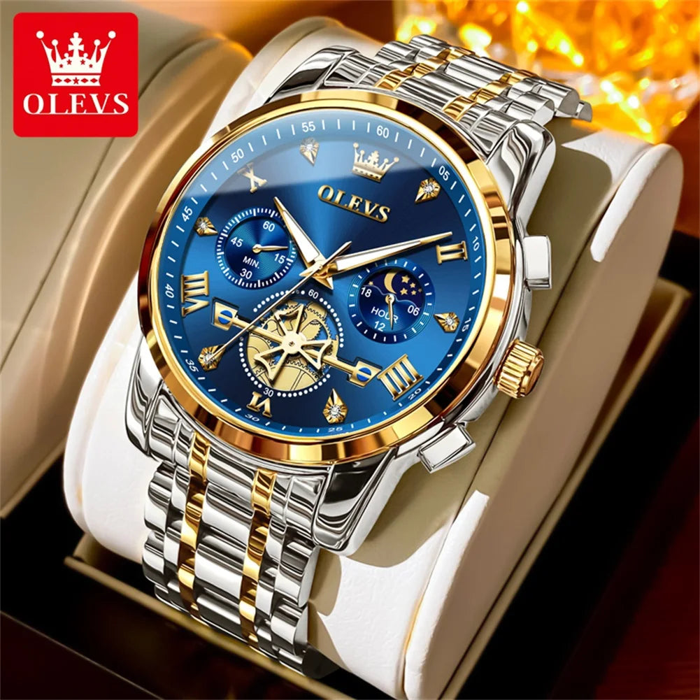 OLEVS Moon Phase Mens Watch Classic Flywheel Waterproof Stainless Steel