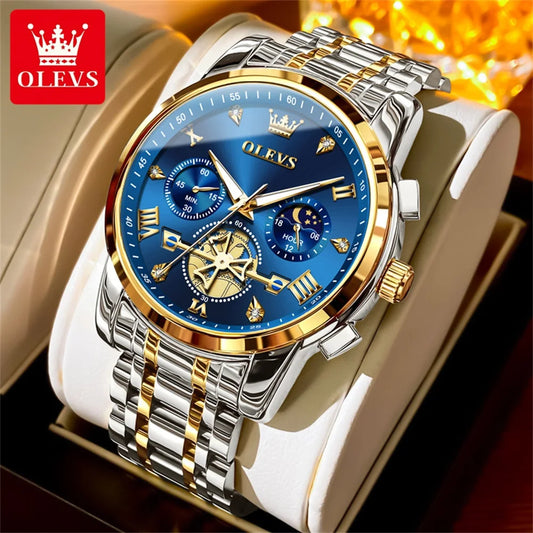 OLEVS Moon Phase Mens Watch Classic Flywheel Waterproof Stainless Steel