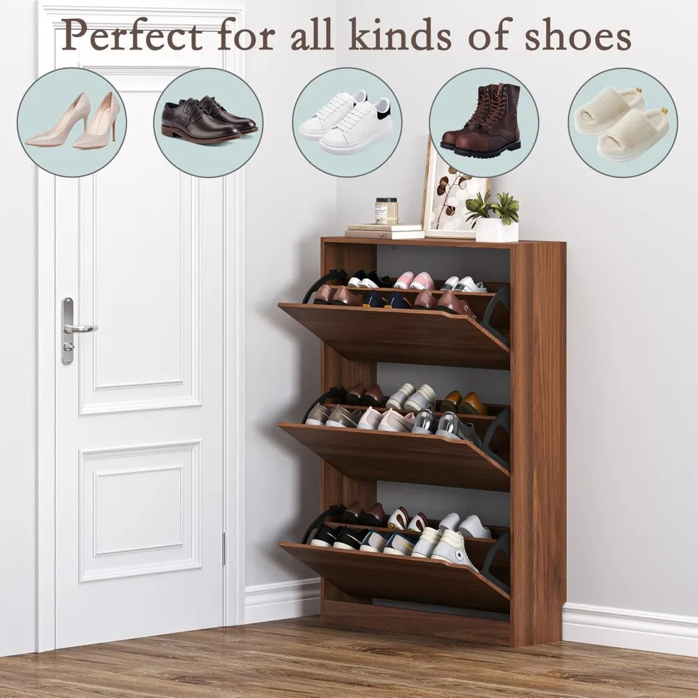 Slim Shoe Cabinet with 3 Flip Drawers, Adjustable Shelves, Freestanding Organizer for Entryway Hallway Closet Storage