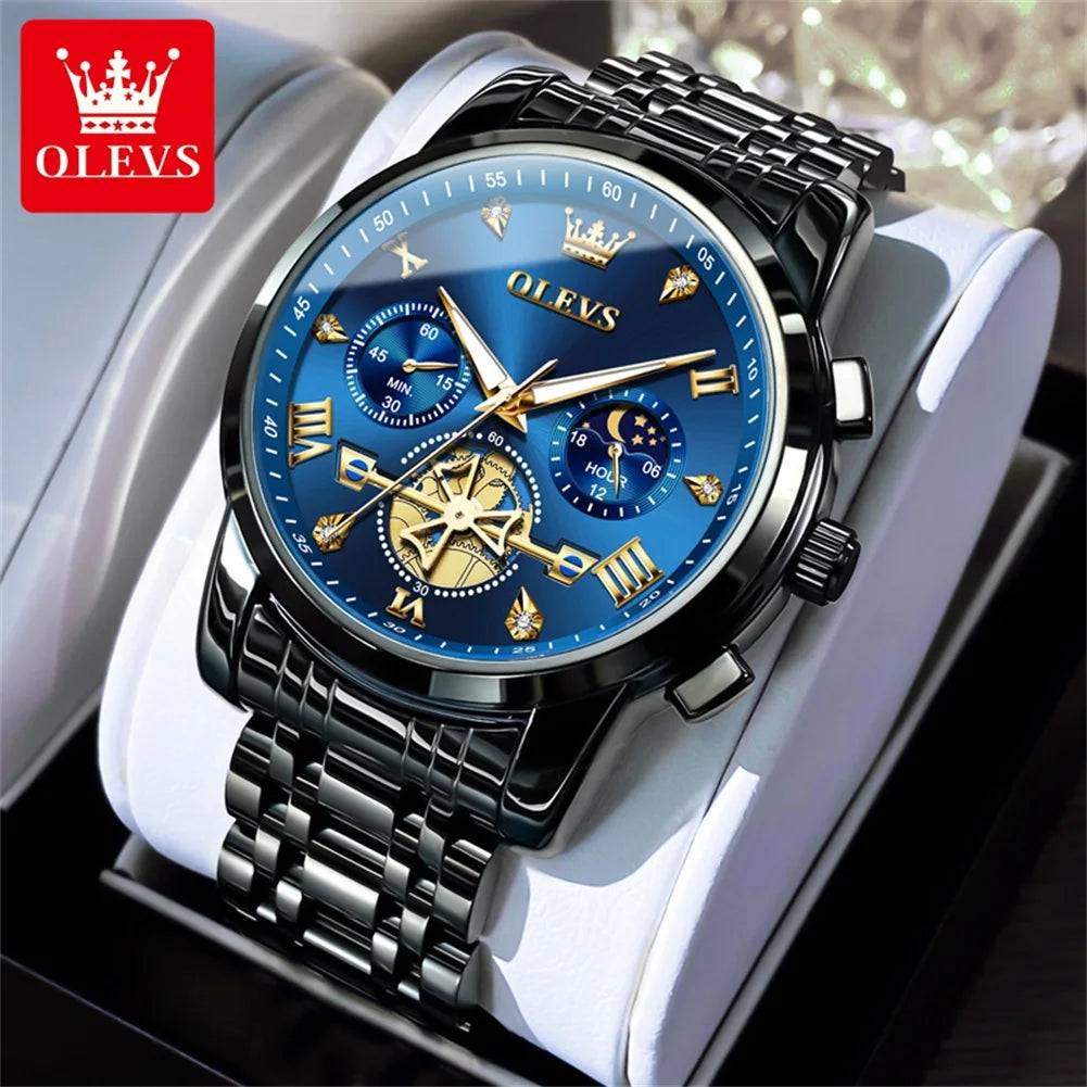 OLEVS Moon Phase Mens Watch Classic Flywheel Waterproof Stainless Steel