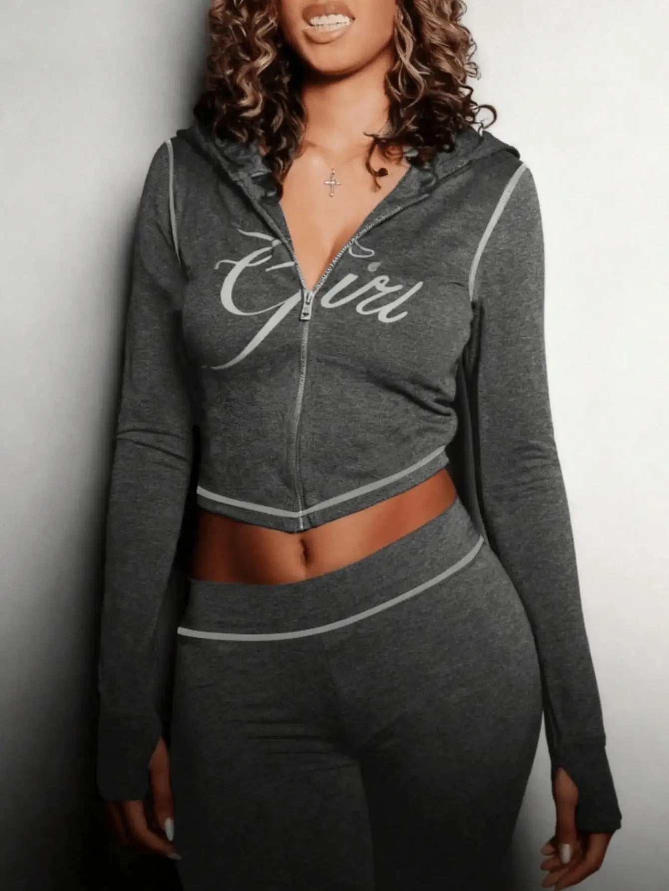 Womens Zip Up Hoodie And Pants Set Graphic Print Streetwear