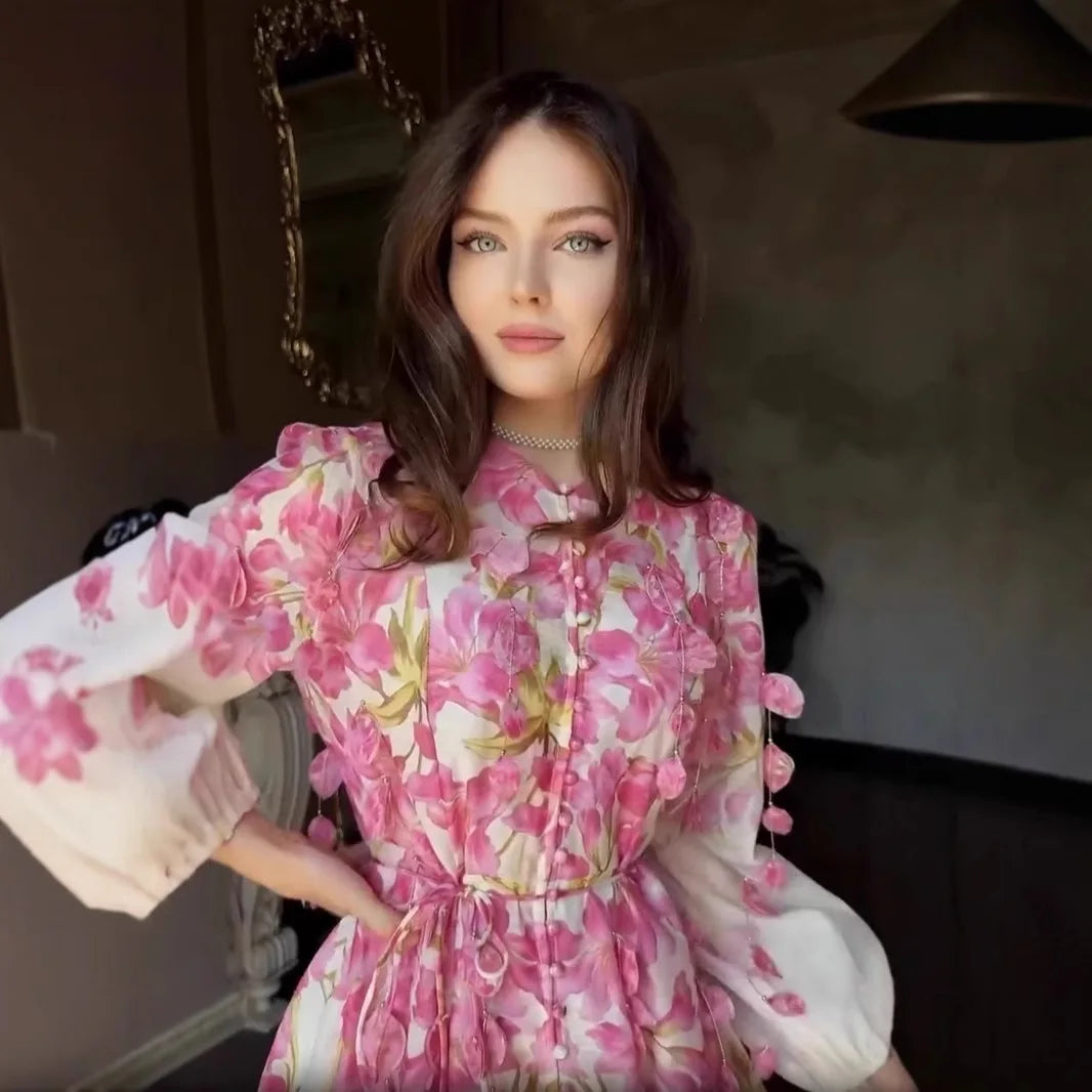 2026 Summer New Design Floral Pink Dress With An Elegant Flower Sea Look Robe Abaya Ramadan Dubai Luxury Islam Elegant