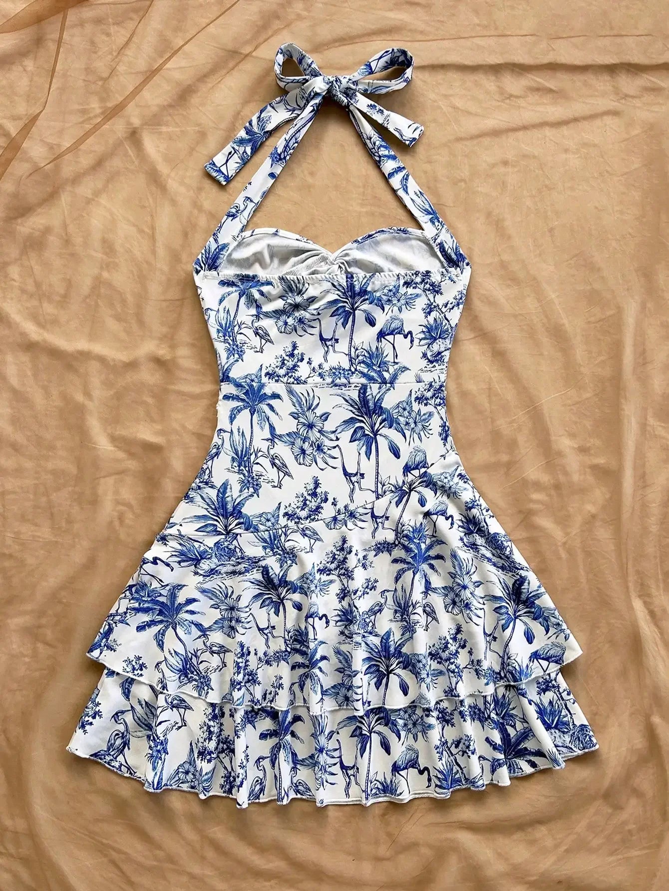 Halter Mini Dress Blue White Floral Print Palm Tree Bohemian Beach Summer Dress