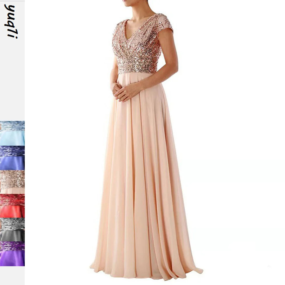 2026 summer new dress V-neck sequined chiffon splicing evening dress dress