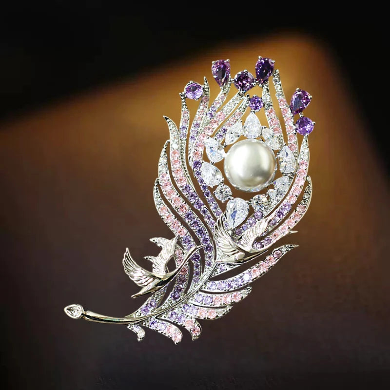OKILY Palace Elegance Zircon Dancing  Girl Brooch Pins Temperament Enamel Bowknot Fan gingko Feather Corsage for Woman Ornament
