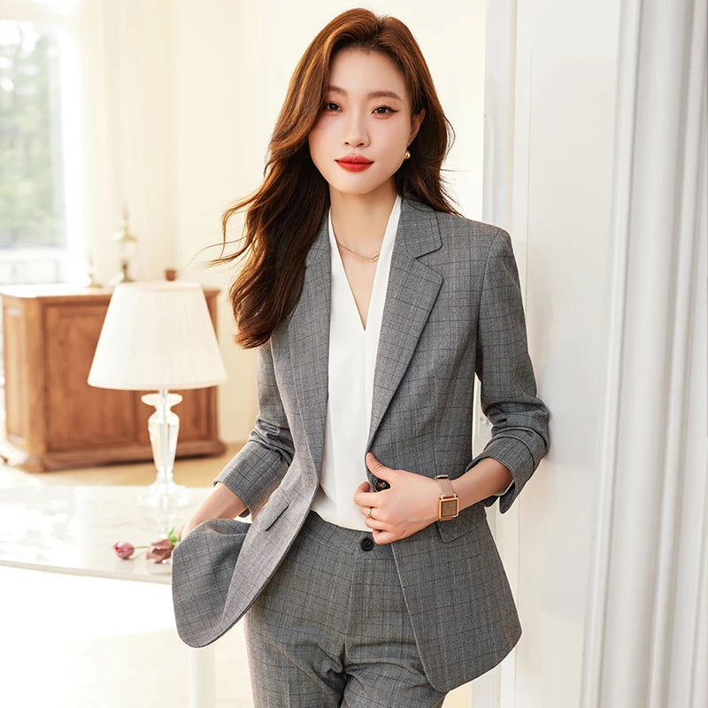 NAVIU High Quality Fabric Formal Professional Lady Office Work Wear Spring OL Styles Pant Suit Elegant Plaid Blazer and Trousers