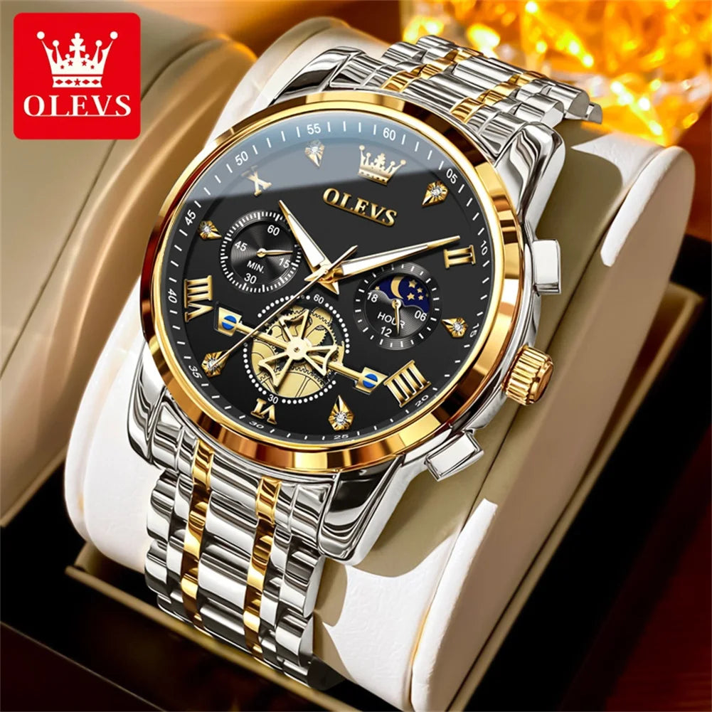 OLEVS Moon Phase Mens Watch Classic Flywheel Waterproof Stainless Steel