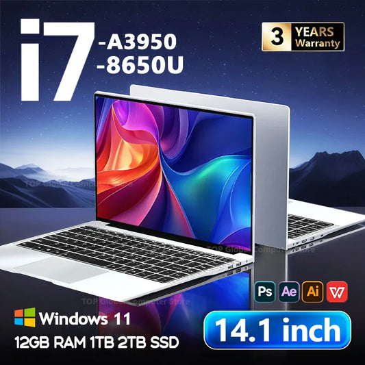 2026 14.1"Laptop Intel Core i7 8650U Atom A3950 Portable Laptops Windows 11 Computer 4K HD 12GB RAM 1TB 2TB SSD Notebook Office