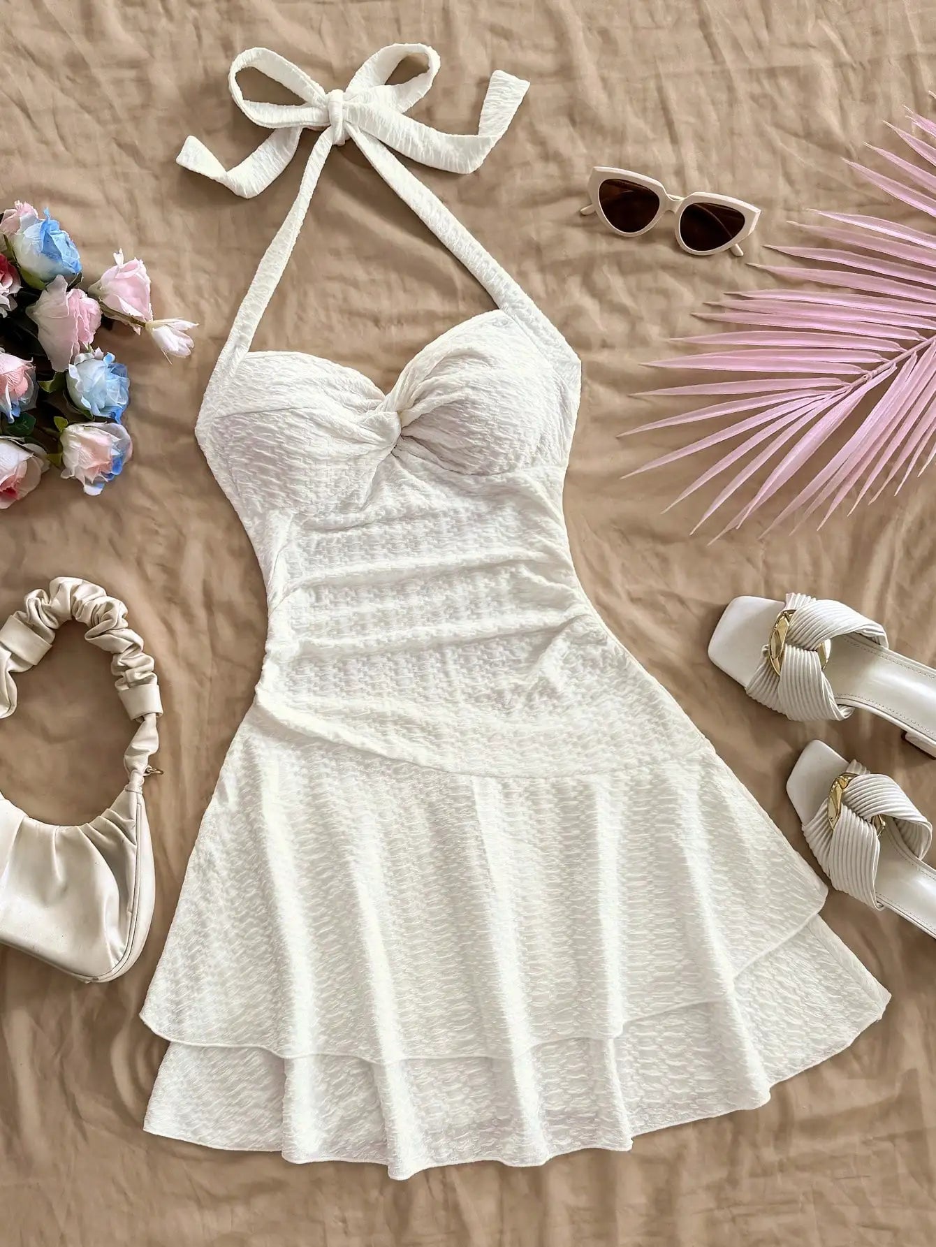 Halter Mini Dress Blue White Floral Print Palm Tree Bohemian Beach Summer Dress