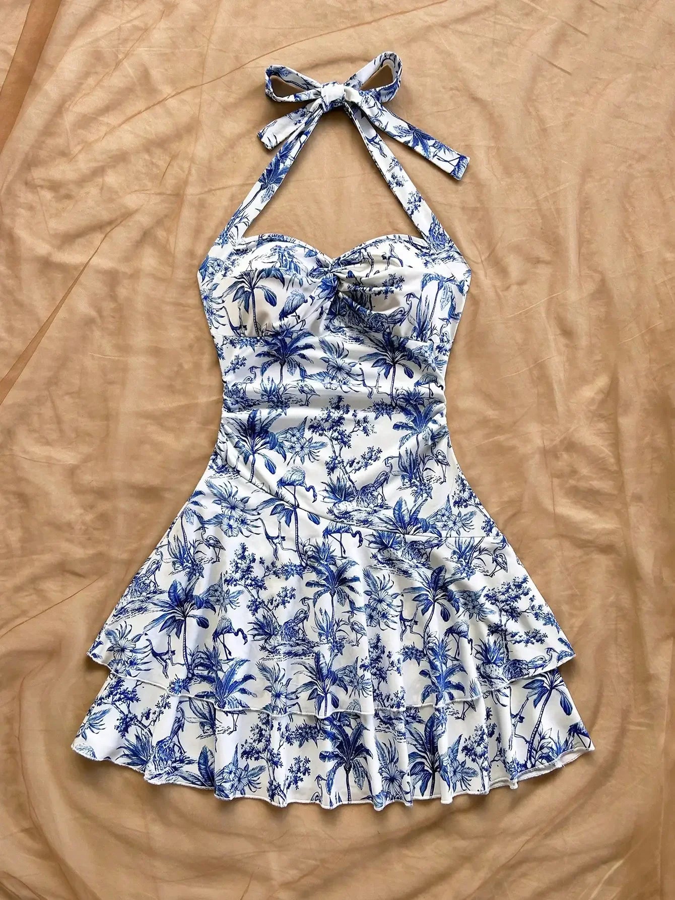 Halter Mini Dress Blue White Floral Print Palm Tree Bohemian Beach Summer Dress