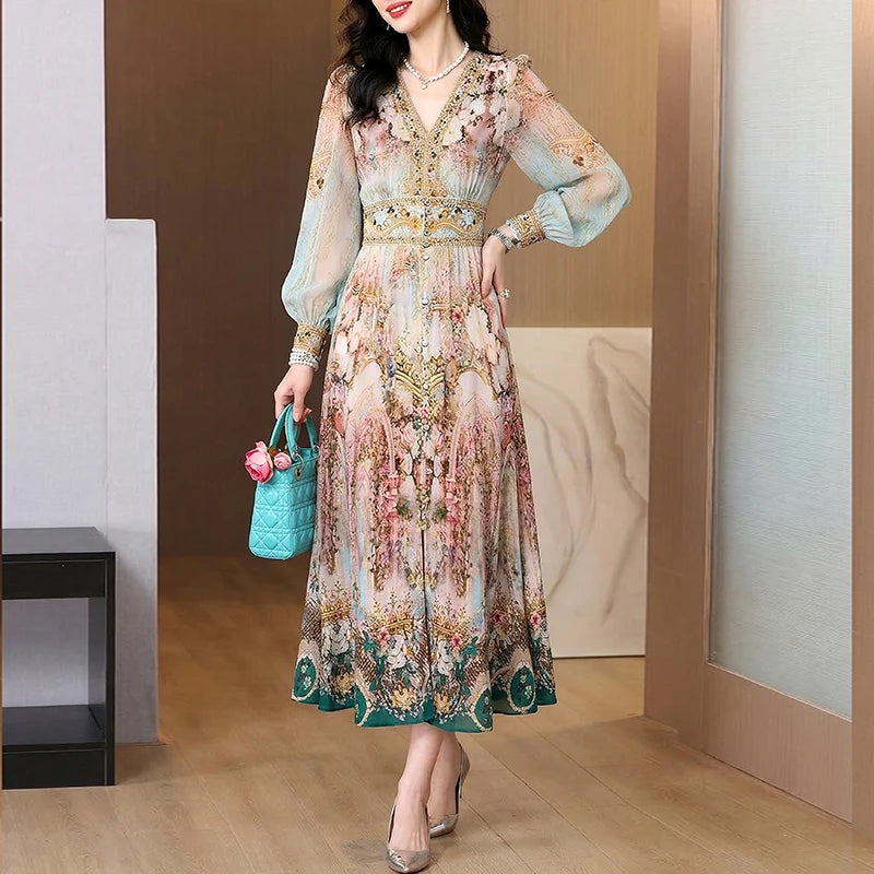 2026 Luxury Silk Casual Midi Dress Summer Women's Vintage Print Elegant Evening Prom Dress Spring Holiday Boho Hepburn Vestidos