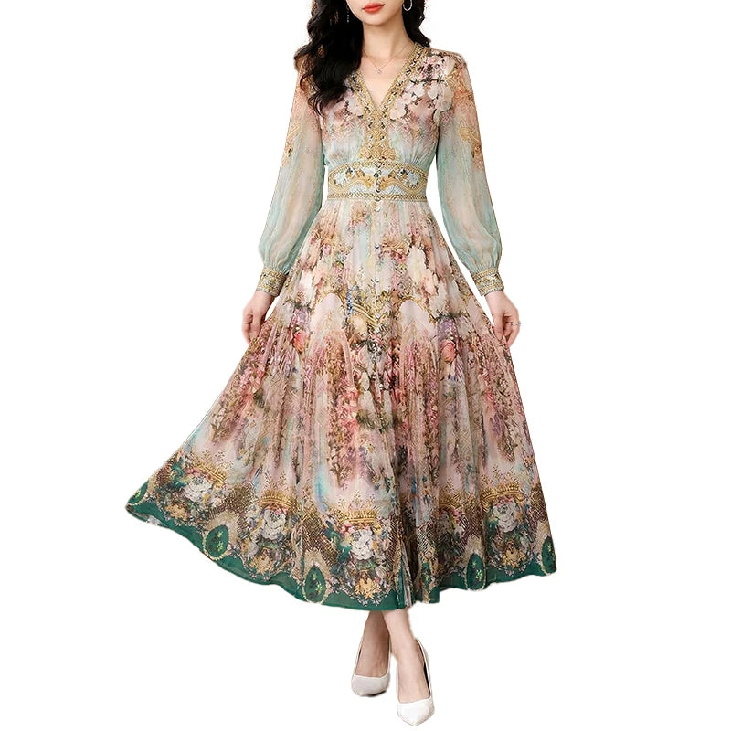 2026 Luxury Silk Casual Midi Dress Summer Women's Vintage Print Elegant Evening Prom Dress Spring Holiday Boho Hepburn Vestidos