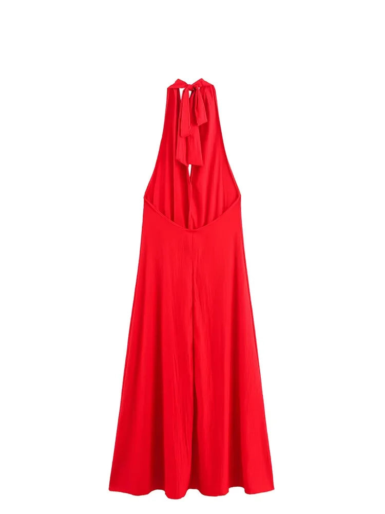 HH Summer Woman Sexy Chic Sling Dresses Women Midi Dress Fashion Sleeveless Backless Pleated Decorate Beach Party Dress