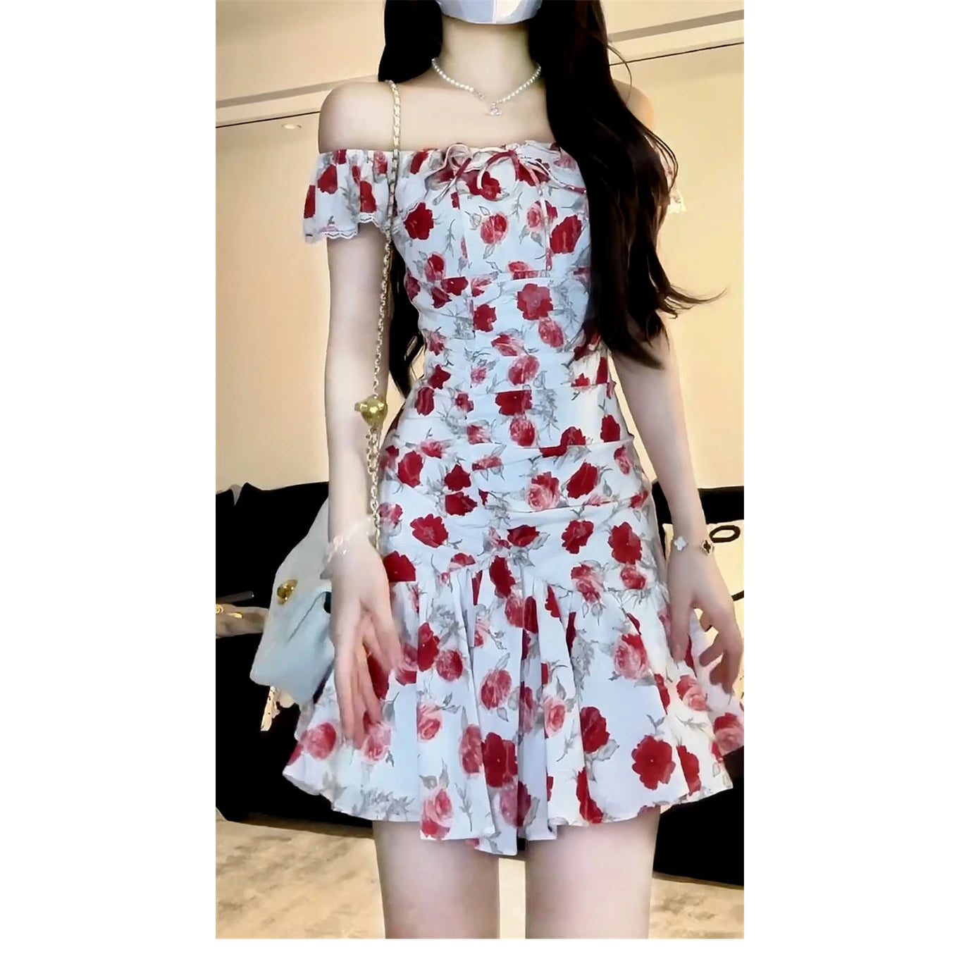 2026 Red Floral One-Shoulder Waist-Cinched Mini Dress Women