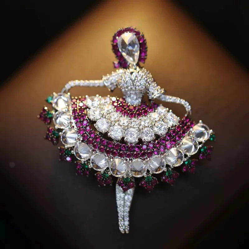OKILY Palace Elegance Zircon Dancing  Girl Brooch Pins Temperament Enamel Bowknot Fan gingko Feather Corsage for Woman Ornament