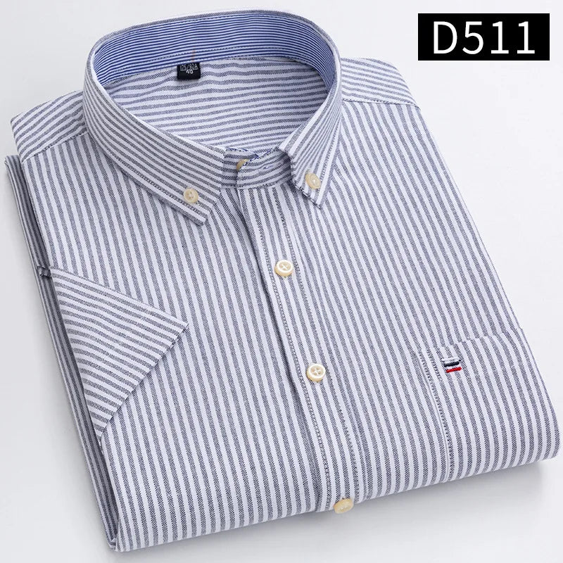 Men's Oxford Short Sleeve Summer Casual Shirts Single Pocket Comfortable Standard-fit Button-down Plaid Striped Cotton Shirt