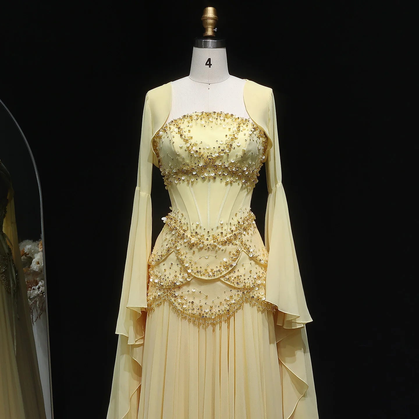 Sharon Said Wine Red & Yellow Chiffon Evening Dress with Flare Sleeve Jacket