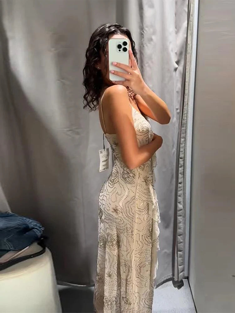 Floral Print V-Neck Sling Dress for Women Ruffle Detail Backless Long Party Gown Elegant Bodycon Style Casual Short Dress