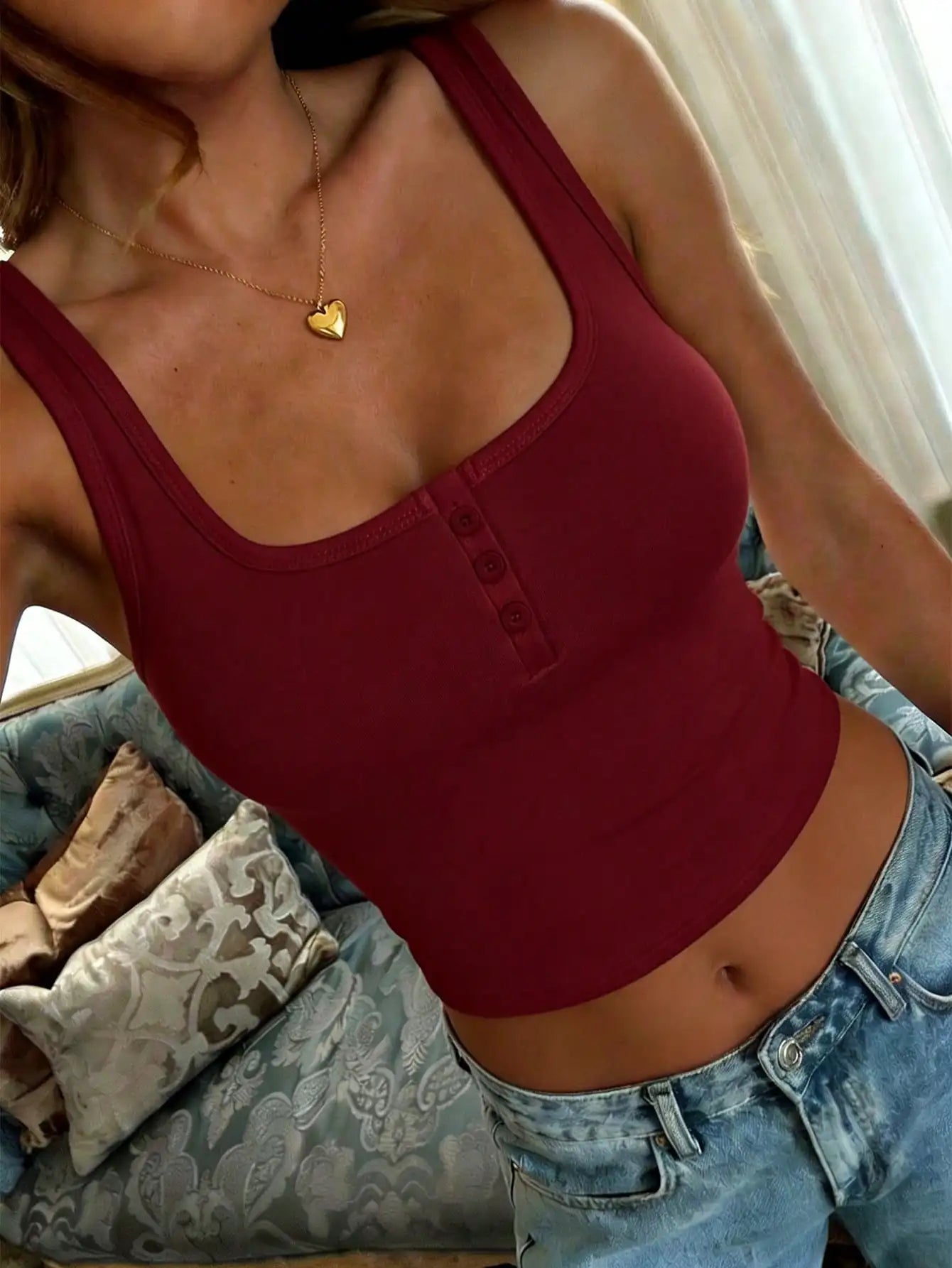 Women's Square Neck Button Front Crop Tank Top Casual Summer