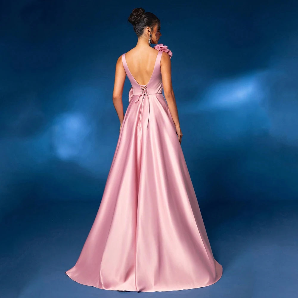 DRESS FORU Elegant Evening Dresses Satin for Floor-Length V-Neck Sleeveless Prom Dress Flower Vestidos De Fiesta Customized