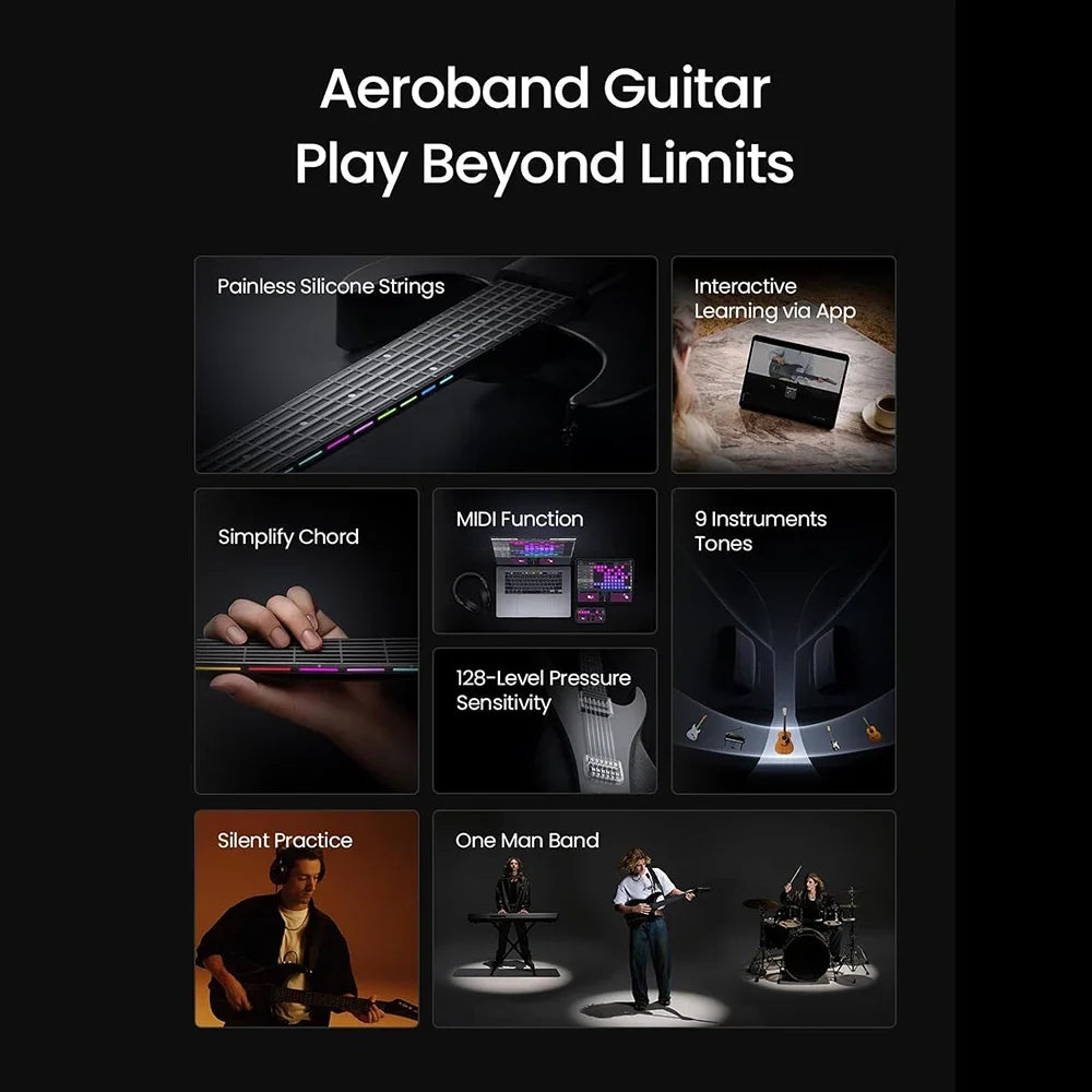 AeroBand Detachable Electric Guitar Pain-Free Silicone String All-in-One 9 Sound Styles Acoustic Bass with mic port
