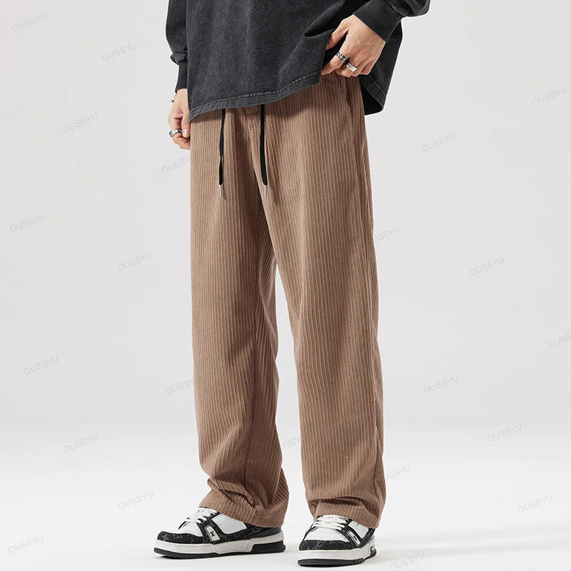 OUSSYU Brand Autumn Winter Men's Stripe Corduroy Pants Elastic Waist Drawstring Straight Thick Outdoors Loose Casual Trousers