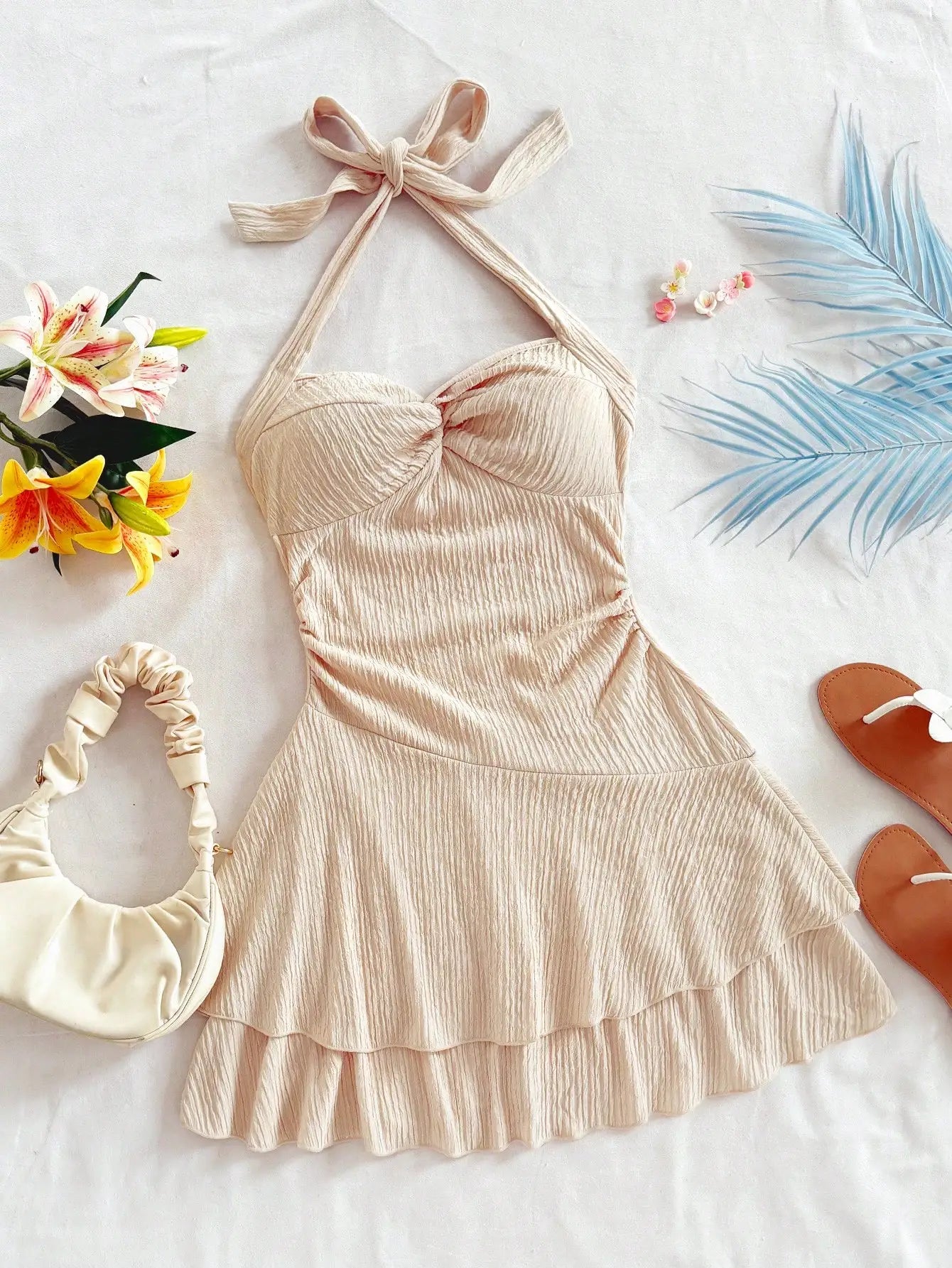 Halter Mini Dress Blue White Floral Print Palm Tree Bohemian Beach Summer Dress