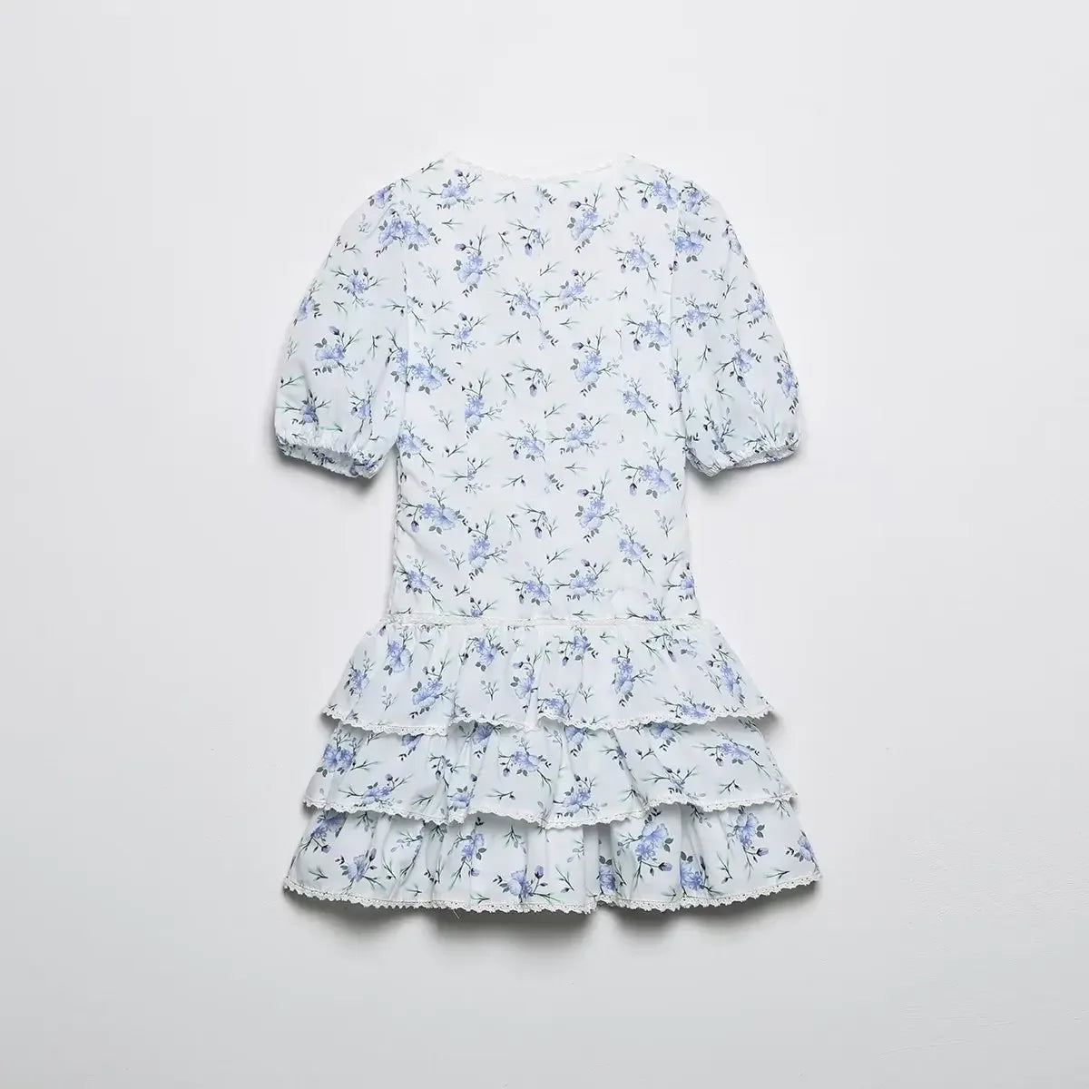Customizable Elegant Women Printed Dress With Embroidery V-neck Puff Sleeves Ruffle Details Contrast Lining A-Line Dresses