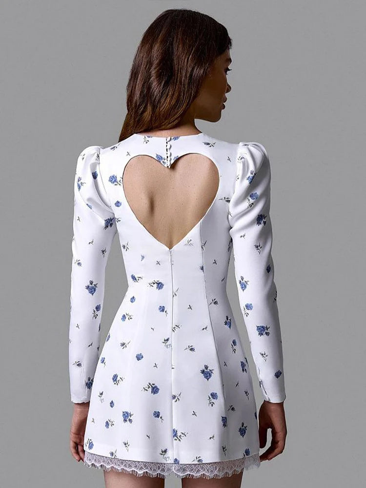 Floral Print Long Sleeve Backless Heart Hollow A-Line Mini Dress Women