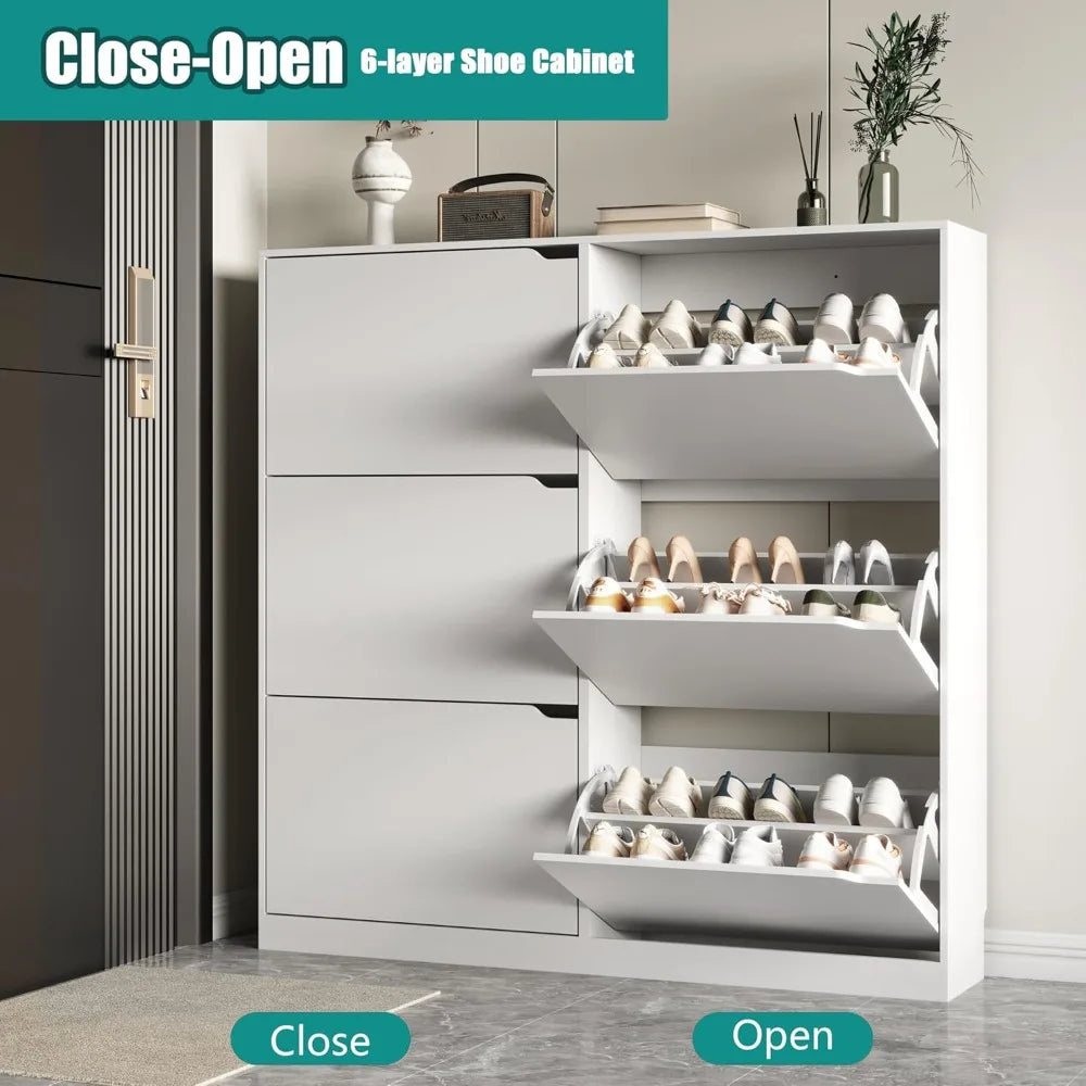 6 Drawer Flip Shoe Storage Cabinet, Slim Freestanding Organizer for Entryway Living Room Hallway Bedroom, White