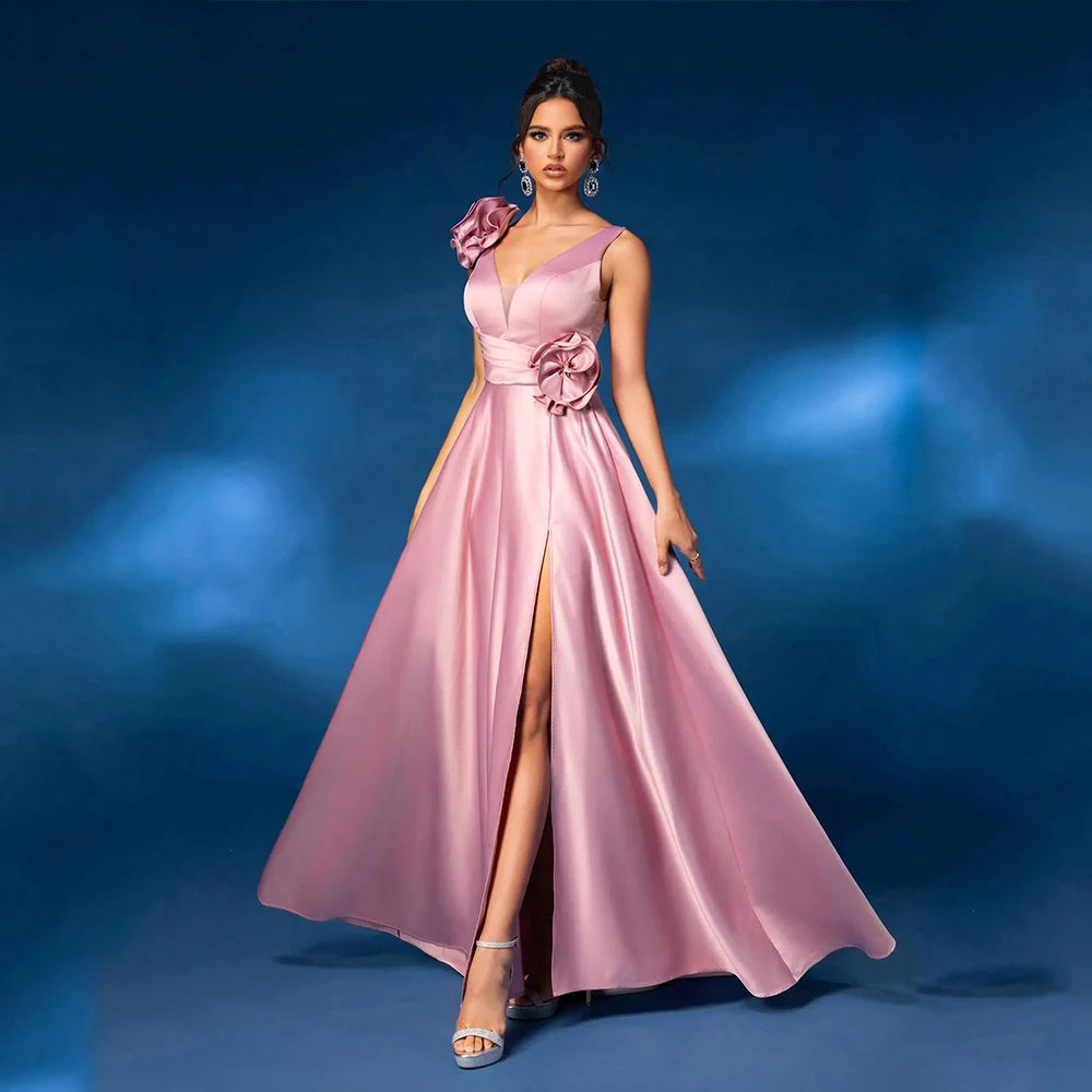 DRESS FORU Elegant Evening Dresses Satin for Floor-Length V-Neck Sleeveless Prom Dress Flower Vestidos De Fiesta Customized